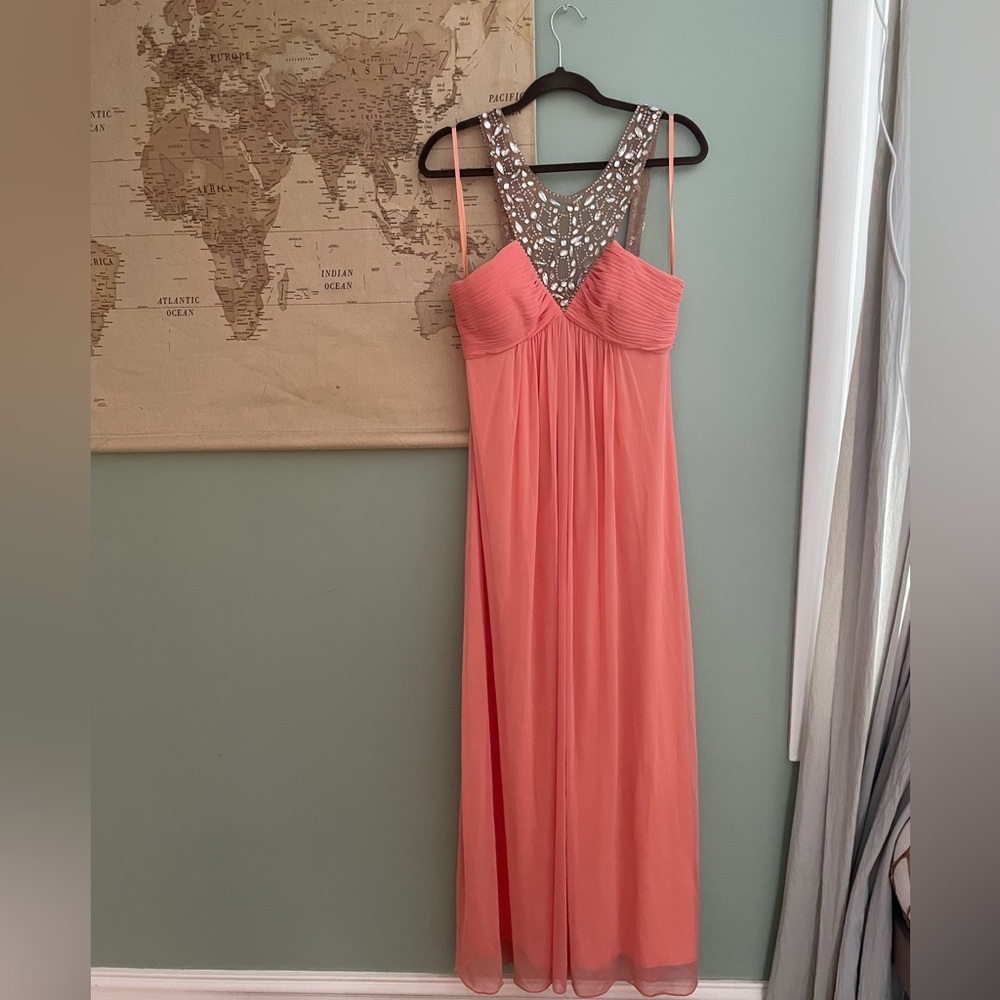 Peach maxi prom dress with jeweled top